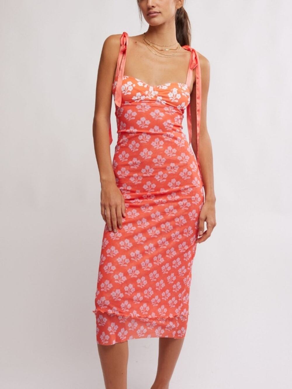 Free People Printed Got Glam Slip Dress in Coral Combo L